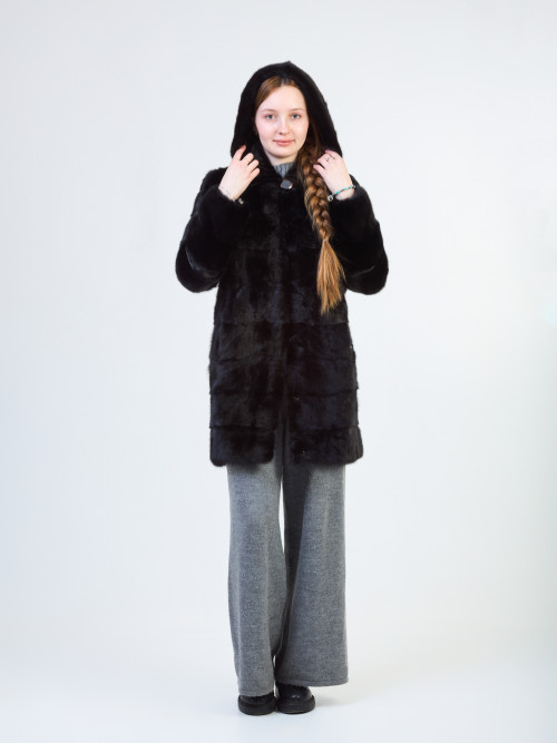 Шуба норковая б/у черная поперечка с капюшоном, 40р