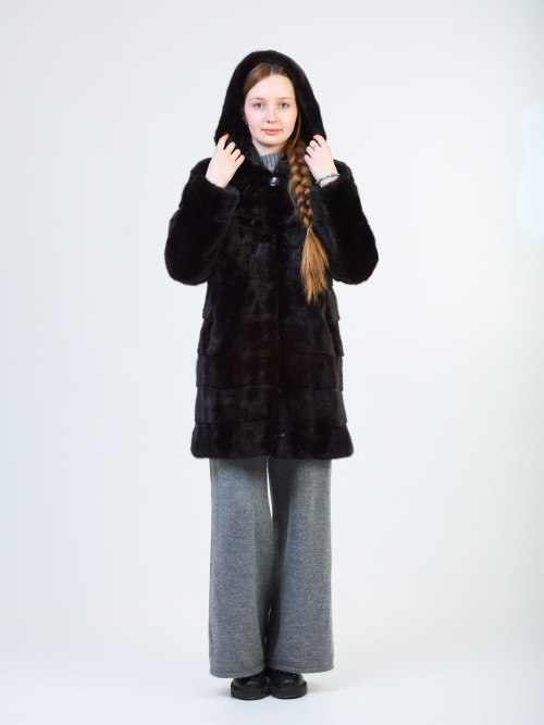 Шуба норковая б/у CAPITOL 44р с капюшоном поперечка