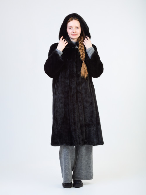 Шуба норковая б/у Feu Fur раз 52-54 черная с капом