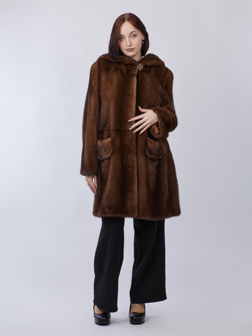 Шуба норковая б/у Saga Furs раз 50-52 коричневая накладные карманы