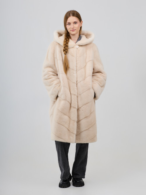 Шуба норковая б/у Багира паркетная с капюшоном 54р