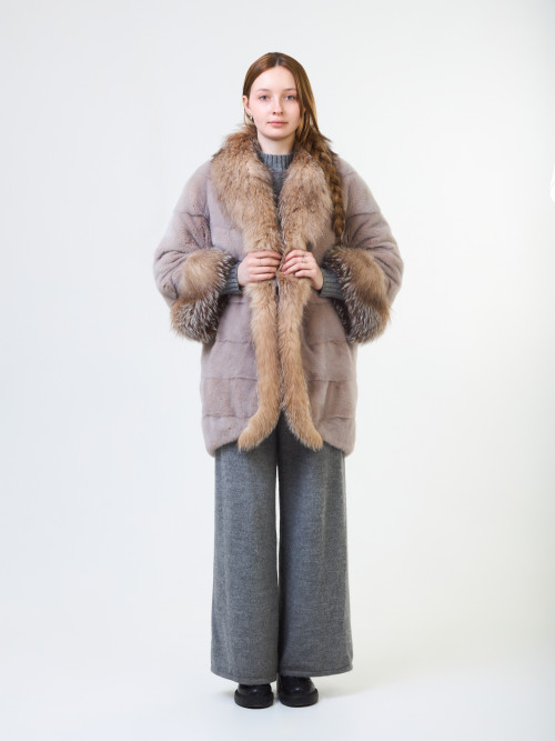 Шуба норковая б/у ELENA FURS пудра с лисой 46-48