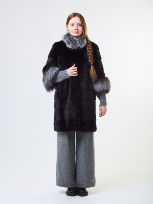 Шуба норковая б/у Junny Winter поперечная рукав 3/4 с чернобуркой 46-48р