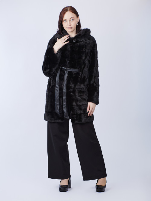 Шуба норковая б/у YAFEIER 40-42р поперечная с капюшоном с поясом