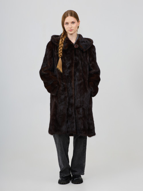 Шуба норковая б/у SHERO трапеция с капюшоном 54р