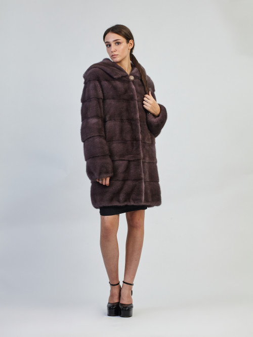 Шуба норковая б/у Ленмех поперечка с капюшоном