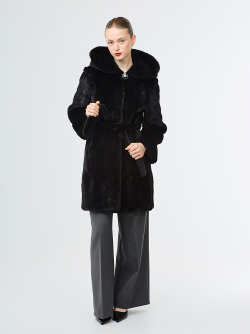 Шуба норковая б/у ROSSO FURS  BLACKGLAMA 42р с капюшоном и поясом